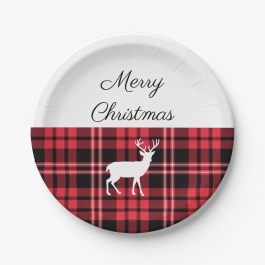 Tartan Pset Red KerstWhite Deer Papieren Bordje (Voorkant)