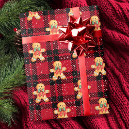 Tartan Red Black Gingerbread Sneeuwval Kerstmis Cadeaupapier
