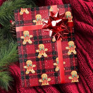 Tartan Red Black Gingerbread Sneeuwval Kerstmis Cadeaupapier