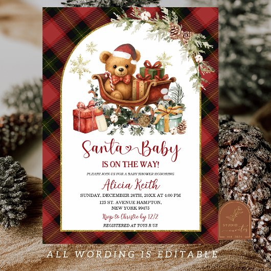 Tartan Red Christmas Santa Bear Baby Shower  Kaart