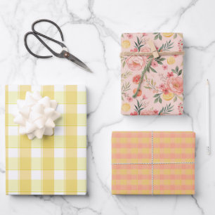 Tartan roos citroengele perzik set inpakpapier vel