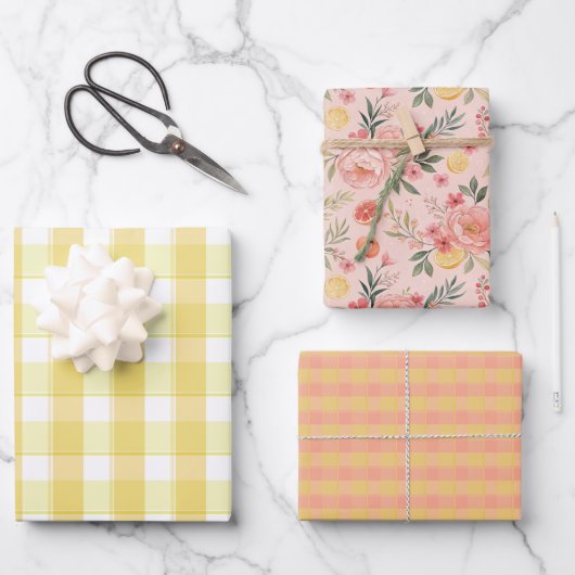 Tartan rose lemon yellow peach set wrapping paper (Voorkant)