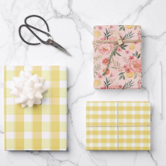 Tartan rose lemon yellow set wrapping paper (Voorkant)