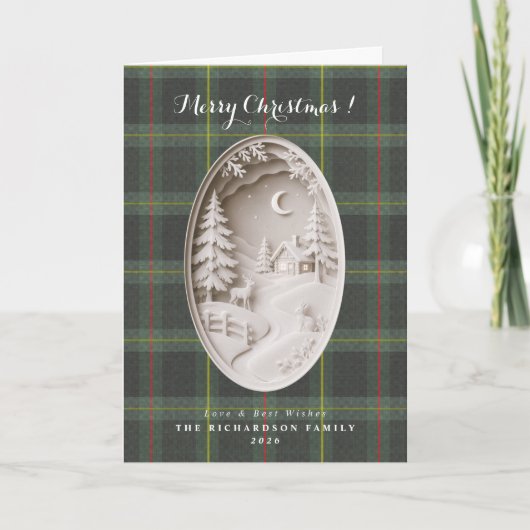 Tartan ruit Modern 3D papercut Kerstmis Kaart (Voorkant)