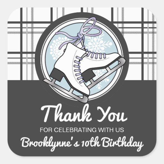 Tartan Schaatsen Kids Verjaardagsfeestje Favoriet Vierkante Sticker (Voorkant)
