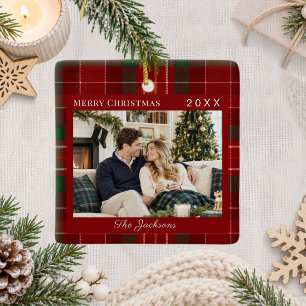 Tartan Schotlandse ruit rood groen foto Kerstmis Keramisch Ornament