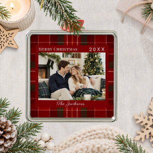 Tartan Schotlandse ruit rood groen foto Kerstmis Metalen Ornament