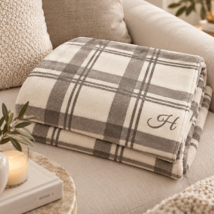 Tartan Schotlandse Ruit Taupe Crème Monogram Fleece Deken
