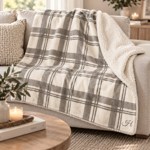 Tartan Schotlandse Ruit Taupe Crème Monogram Sherpa Deken