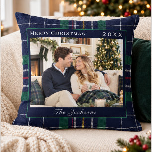 Tartan Schots Blauw Groen Foto Kerstmis Kussen