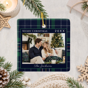 Tartan Schotse Ruit Blauw Groen Foto Kerstmis Keramisch Ornament