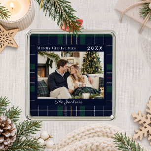 Tartan Schotse ruit Blauw Groen Foto Kerstmis Metalen Ornament