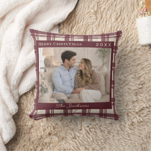 Tartan Schotse ruit Burgundy Crème Foto Kerstmis Kussen