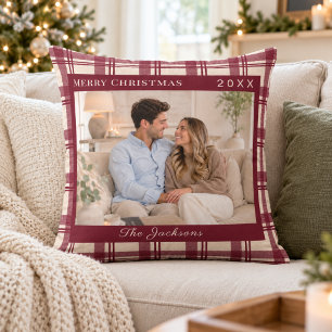 Tartan Schotse ruit Burgundy Crème Foto Kerstmis Kussen