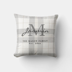 Tartan Schotse ruit Grijs Wit Familienaam Monogram Kussen