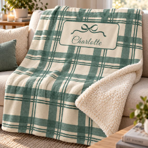 Tartan Schotse ruit Sage Groen Crème Boog Kerstmis Sherpa Deken
