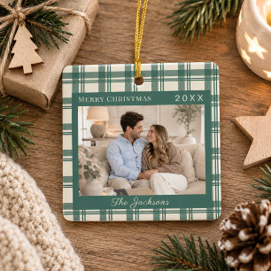 Tartan Schotse ruit Sagegroen Crème Foto Kerstmis Keramisch Ornament