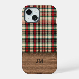 Tartan Schotse ruit telefoonhoes met houten monogr iPhone 15 Case