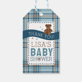 Tartan teddybeer, favor-tag voor babyborrel voor j cadeaulabel