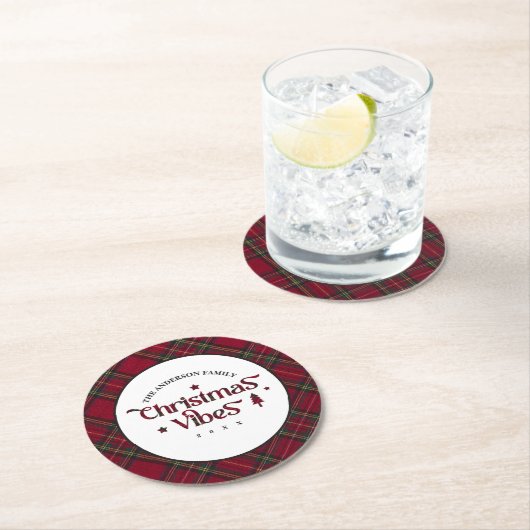 Tartan Treasures: Retro kerstvibes Ronde Kartonnen Onderzetter (Insitu)