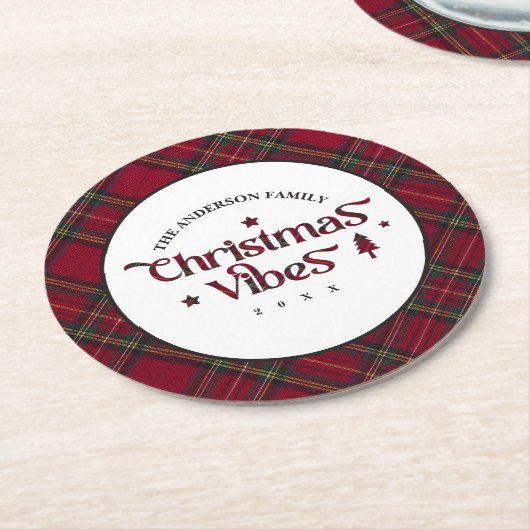 Tartan Treasures: Retro kerstvibes Ronde Kartonnen Onderzetter (Gebogen)
