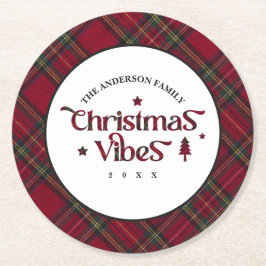 Tartan Treasures: Retro kerstvibes Ronde Kartonnen Onderzetter