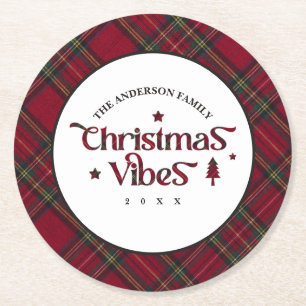 Tartan Treasures: Retro kerstvibes Ronde Kartonnen Onderzetter