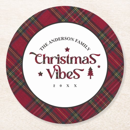 Tartan Treasures: Retro kerstvibes Ronde Kartonnen Onderzetter (Voorkant)