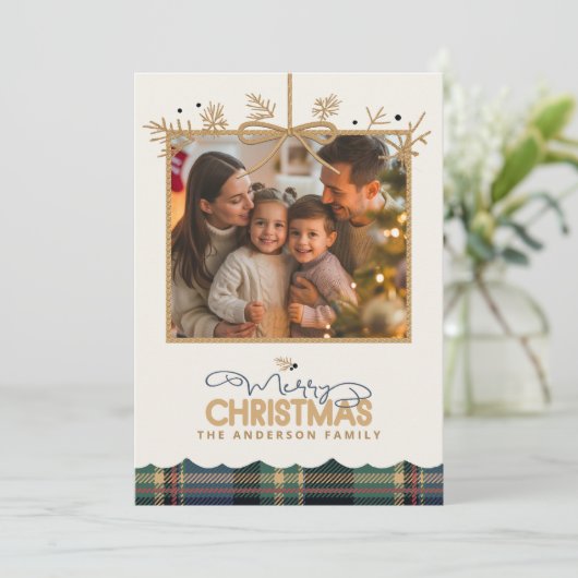 Tartan Trim Christmas Hanging Foto ID1141B Feestdagenkaart (Staand voorkant)