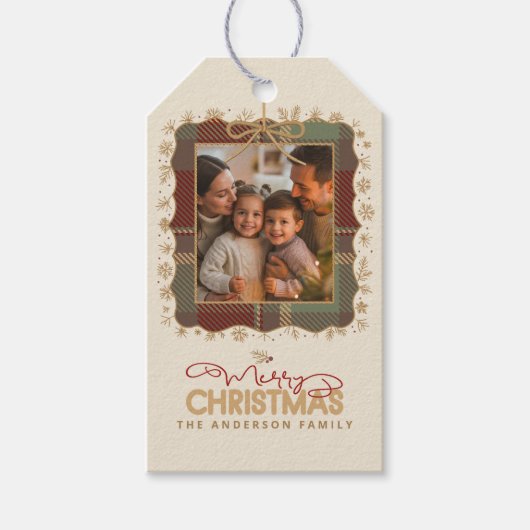Tartan Trim Christmas One Photo Template ID1141A Cadeaulabel (Voorkant)