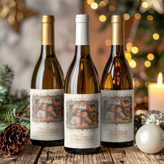 Tartan Trim Christmas One Photo Template ID1141A Wijn Etiket