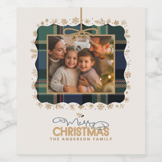 Tartan Trim Christmas One Photo Template ID1141B Wijn Etiket (Enkel label)