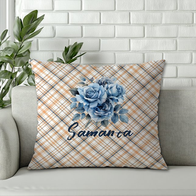  tartan waterverf roos beige blauw naam kussen (Creator heeft geüpload)
