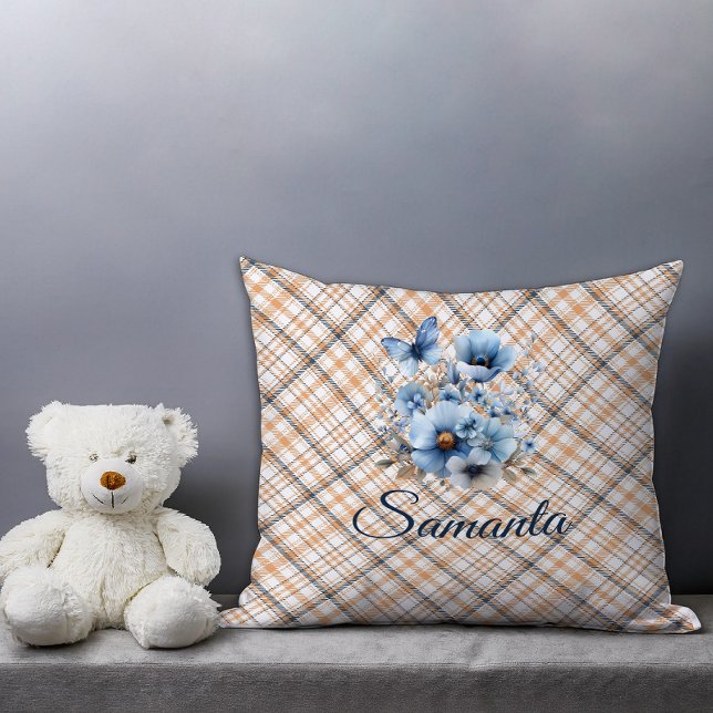  tartan waterverf roos beige blauw naam kussen (Creator heeft geüpload)