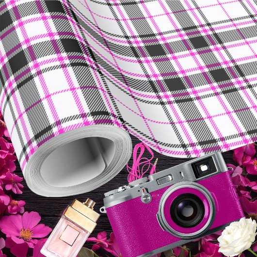 Tartan - Wit-Zwart-Heet Roze Cadeaupapier