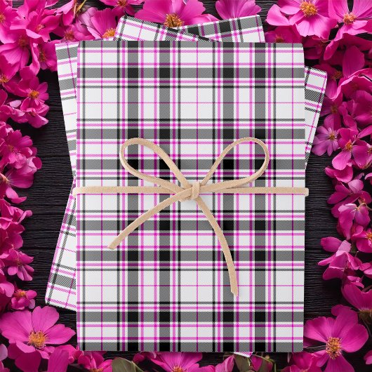 Tartan - Wit-Zwart-Heet Roze Inpakpapier Vel