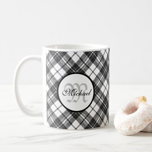 Tartanpatroon Kerstzwart wit monogram Koffiemok (Met donut)
