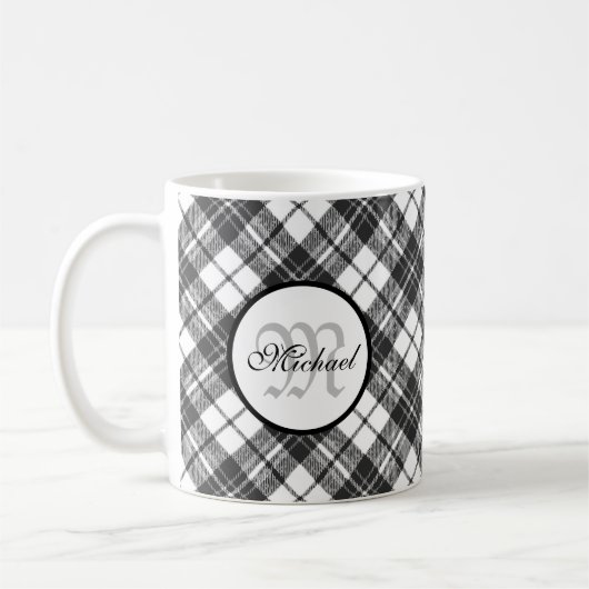Tartanpatroon Kerstzwart wit monogram Koffiemok (Links)