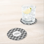 Tartanpatroon Kerstzwart wit monogram Ronde Kartonnen Onderzetter (Insitu)