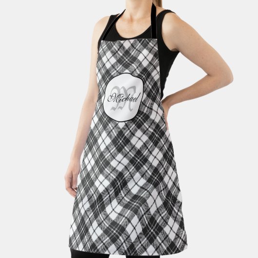 Tartanpatroon Kerstzwart wit monogram Schort (Insitu)