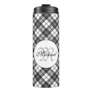 Tartanpatroon Kerstzwart wit monogram Thermosbeker