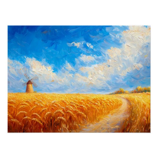 tarweveld met verre windmolen perfect poster (Voorkant)