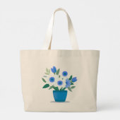 Tas-Blauw Bloemmotief Grote Tote Bag (Achterkant)