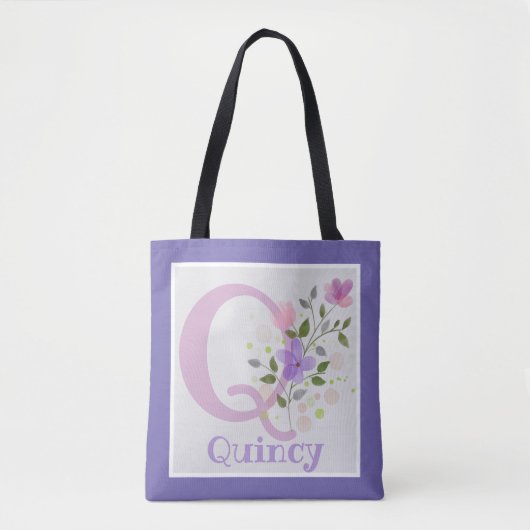 Tas met eerste initiaal plus naam met bloemen (Voorkant)