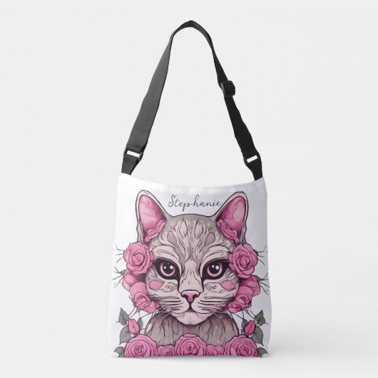 Tas met kat en roze rozen met eigen tekst (Voorkant)