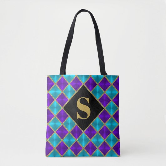 Tas met monogram, paars turquoise goud glitters (Voorkant)