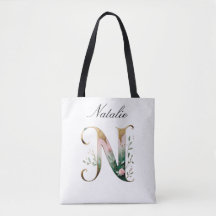 Tas met opdruk van gouden bloemenletter N