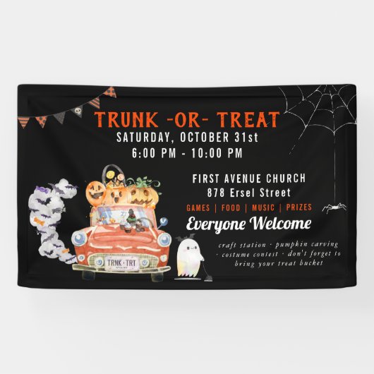 Tas of Behandeling | Moderne Halloween-feestbanner Spandoek (Horizontaal)