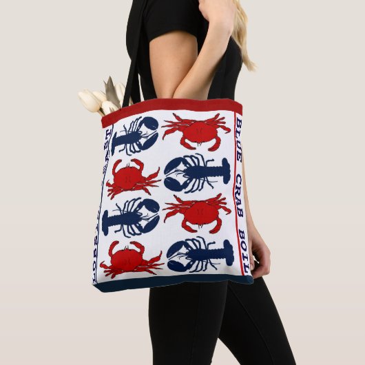 Tas van stof met rode witte en blauwe kreeft krab (Dichtbij)