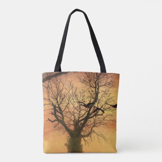 Tas verdraaide herfstboom bij zonsondergang (Achterkant)